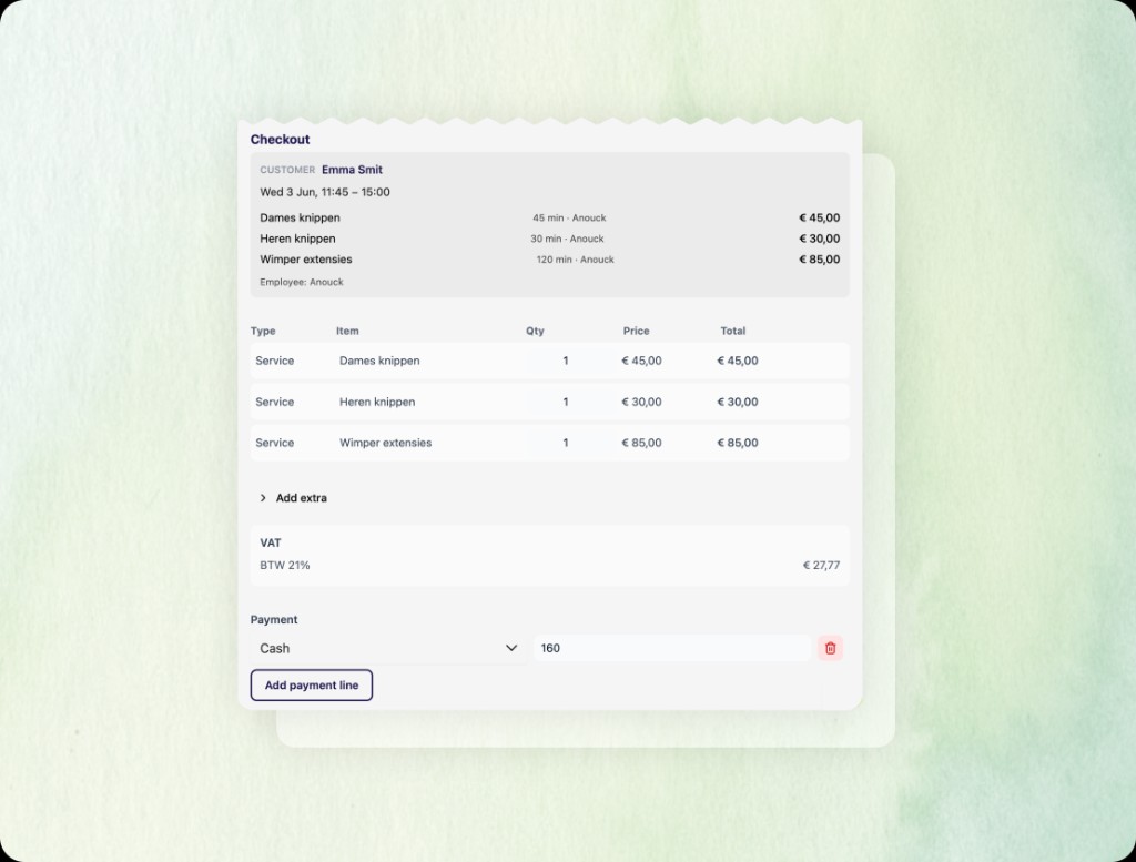 Kassa in Salontailor: checkout met behandelingen en betaalmethode